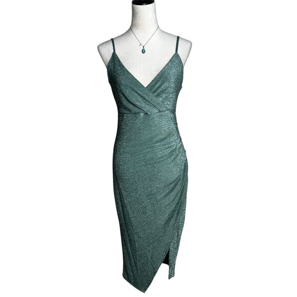 Vine And Valley Green Shimmer Ruched V-neck Side Slit Midi Dress M Holiday Glam - Picture 1 of 11